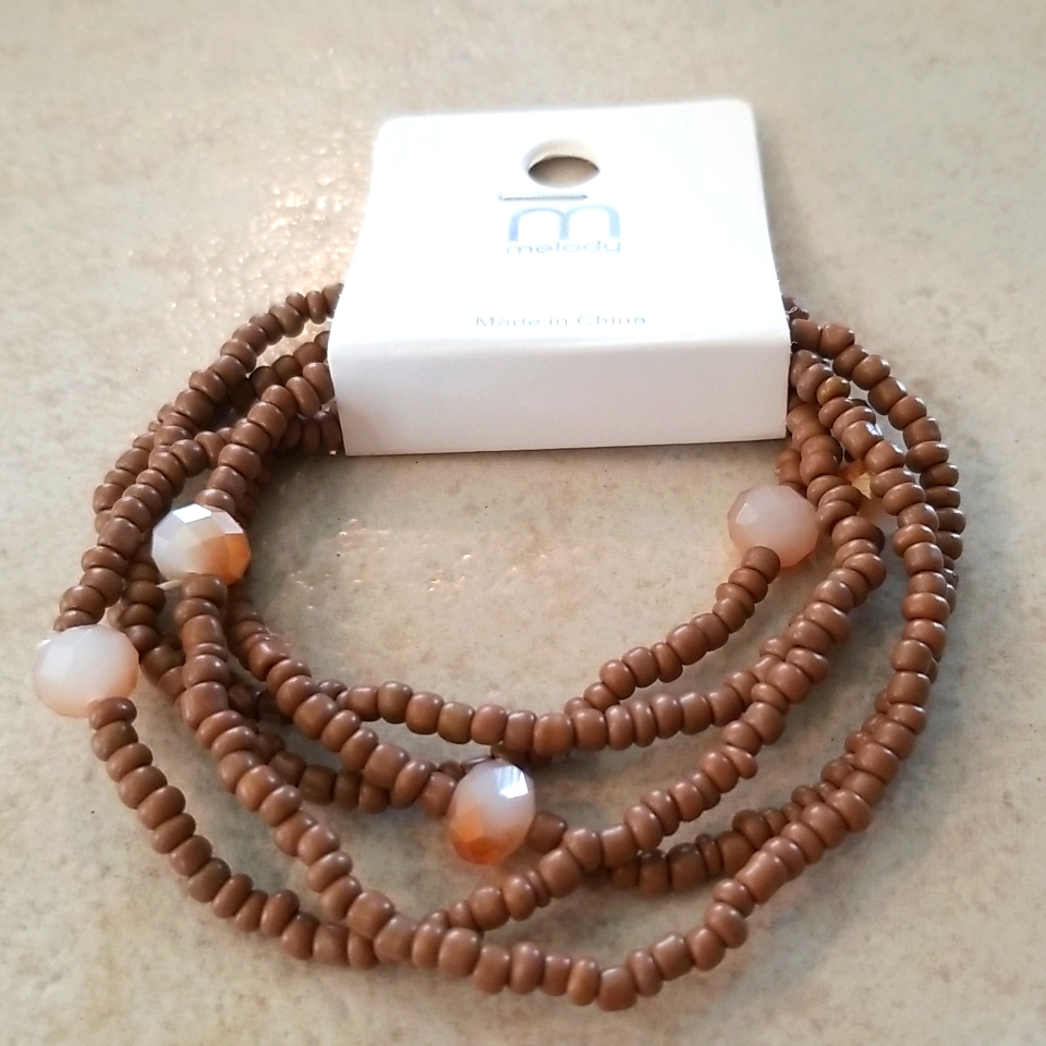 Set Of 5 Tan Bead Bracelets With Two Tone Marble Accent Beads